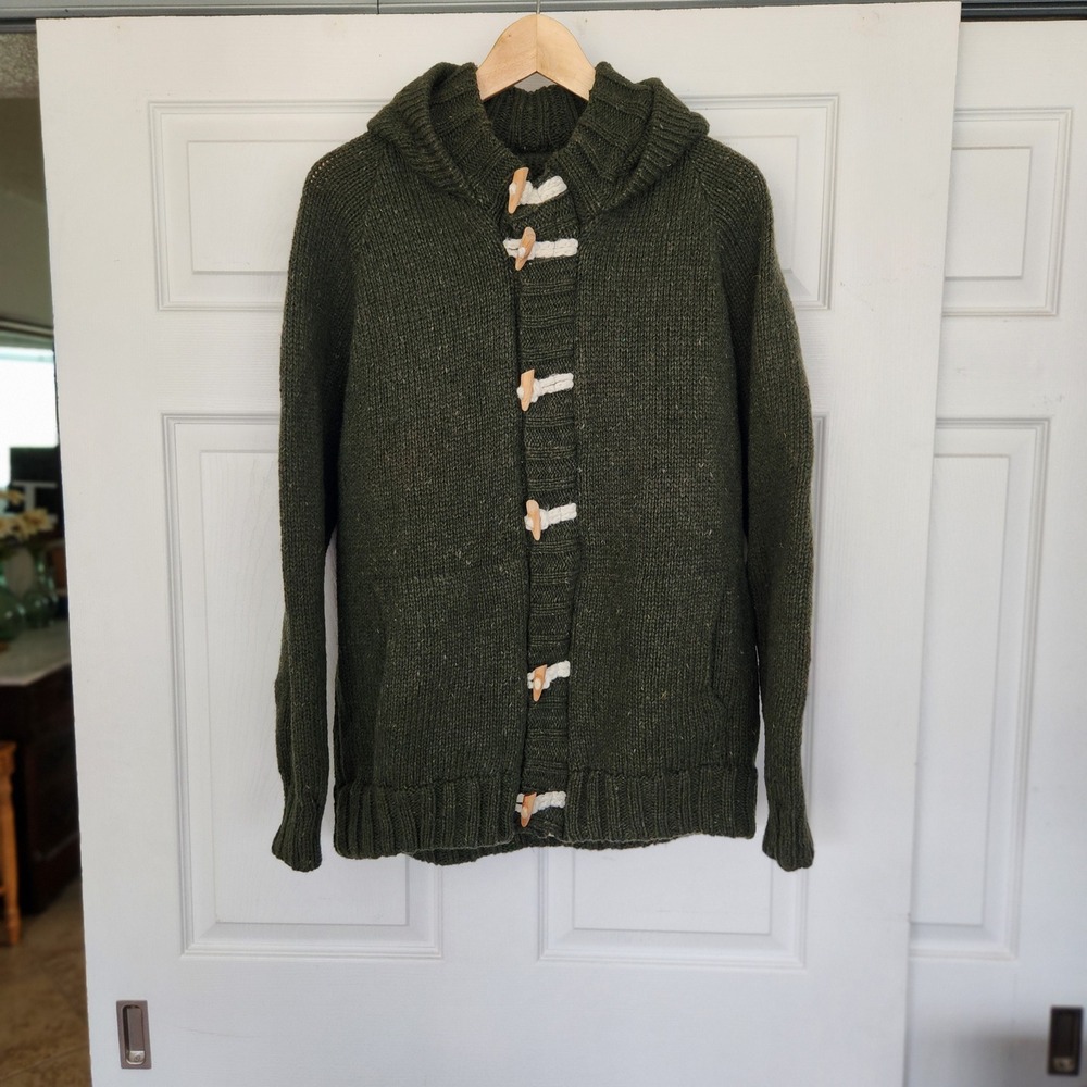 Women's Wool & Acrylic Olive‎ Green Hooded Zip & Button Sweater Portugal M-L
